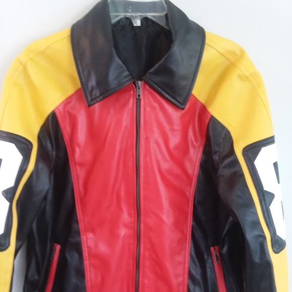 8 Ball Jacket Mens Retro Style Bomber Full Zip Red Yellow Black Faux Leather Lg - Picture 13 of 16